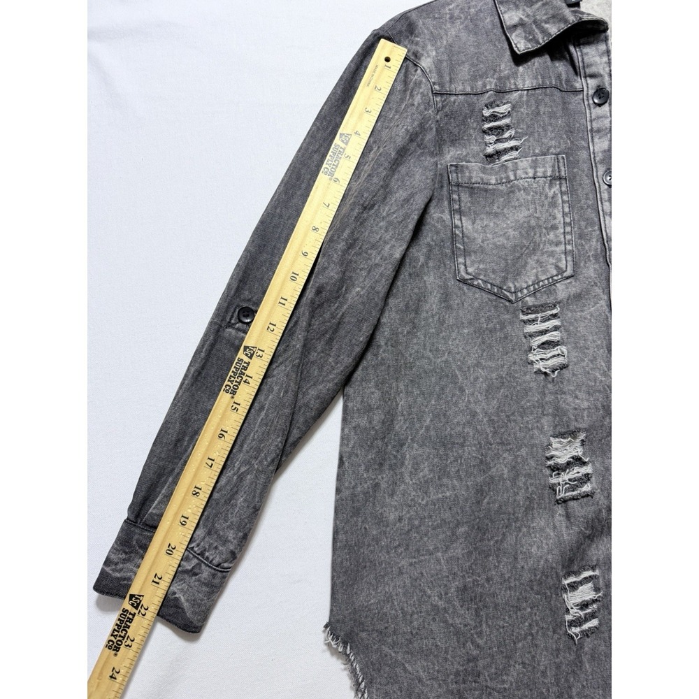 Thrill Jeans Distressed Split Large Denim Shirt Acid Wash Raw Hem Grunge Y2K - Picture 9 of 12